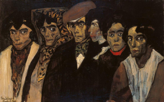 Cuadro de José Gutierrez Solana en primer plano los rostros grotescos y castizos de los chulos de Madrid